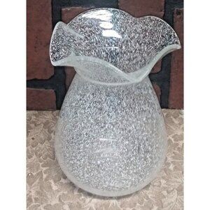 Art Glass Vase Hand Blown Clear With White Splatter Ruffle Top 7” Scalloped edge